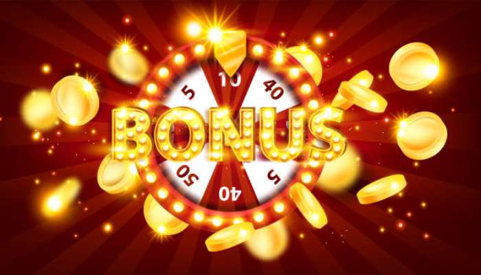 Glowing gold letters spelling bonus over a red and white wheel surrounded by coins and lights.