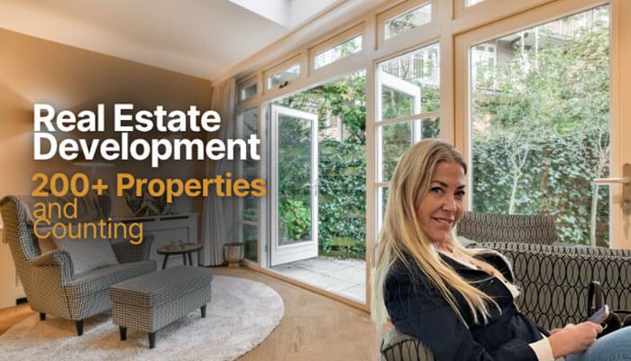 Interior real estate development image with Elaine Culotti seated in a modern living space and headline text ‘Real Estate Development 200+ Properties and Counting’, illustrating a key asset segment contributing to Elaine Culotti Net Worth and her expansive property portfolio