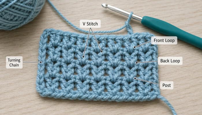 How to crochet for beginners step by step with pictures showing labeled crochet stitches, front loop, back loop, post, and turning chain.