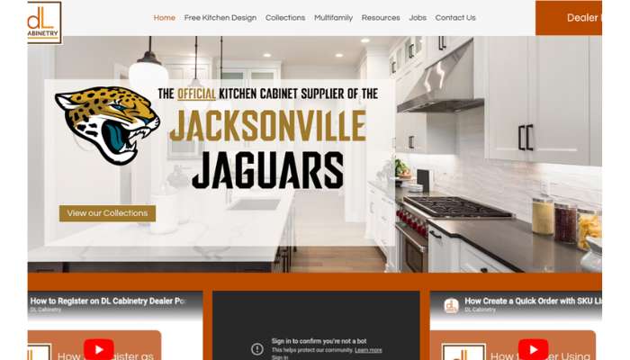 Dl cabinetry hero banner announcing it is the official kitchen cabinet supplier of the jacksonville jaguars, over a modern white kitchen background