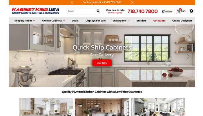 Homepage hero banner showing a modern white-kitchen with marble countertops; overlay reads 'quick ship cabinets' with a red 'buy now' button.