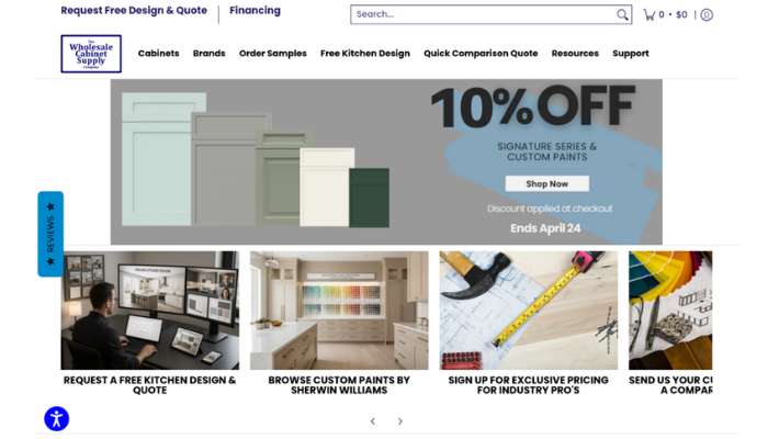 Wholesale cabinet supply homepage with a large 10% off banner and four service tiles (free kitchen design, custom paints by sherwin williams, exclusive pricing, and quotes). ;
