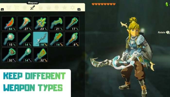 Zelda Tears of the Kingdom tips showing Link carrying different weapon types for combat, exploration, mining, and survival across Hyrule.