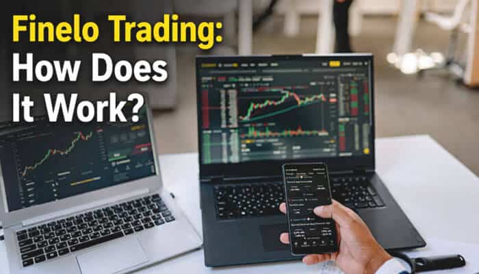 Finelo reviews analysis of how finelo trading works with multiple screens displaying stock charts, market data, and mobile trading features for beginners.