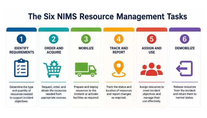 Infographic answering “which resource management task deploys or activates personnel and resources? ” by highlighting mobilize as the third nims task.