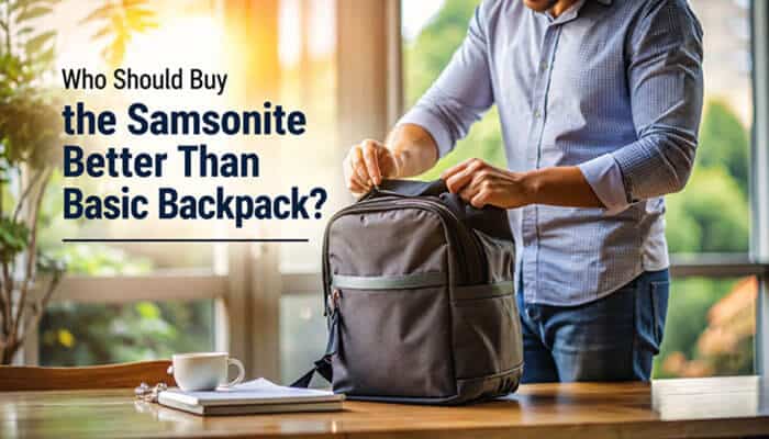 Who should buy the samsonite better than basic backpack? - tycoonstory | tycoonstory media Person using the samsonite better than basic backpack in a workspace setting, highlighting its comfortable design, versatile style, and suitability for business, commuting, and daily travel.