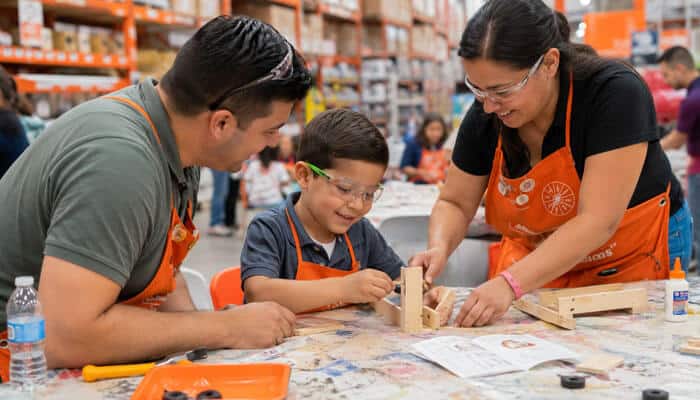 Home depot kids workshop activity where a child and parents collaborate on a hands-on woodworking project in a home depot store aisle with tools and materials.