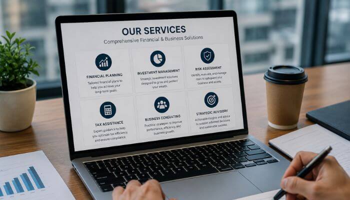 What services is nuzillspex advisors claimed to offer 1 | tycoonstory media What nuzillspex advisors is today showing claimed financial planning, investment management, tax assistance and business consulting services on a laptop screen