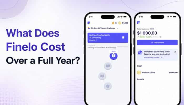 Finelo reviews explaining yearly pricing with mobile app screens showing trading lessons, ai investing features, account balance, and platform costs.