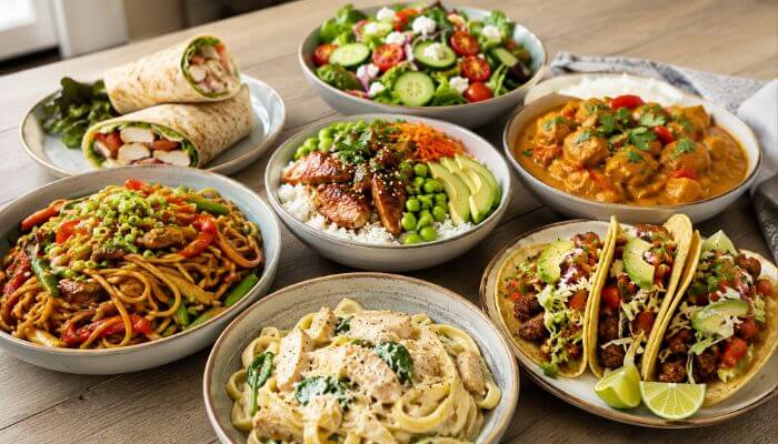 Quick recipe jalbiteworldfood spread featuring wraps, salad, rice bowl, curry, noodles, creamy pasta and tacos on a dining table.