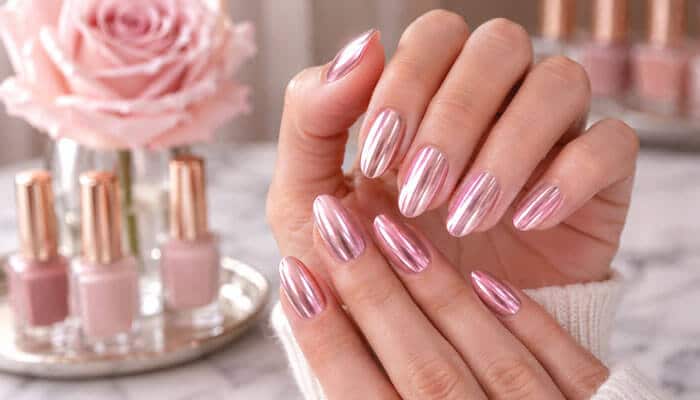 How to ask for light pink chrome nails at the salon - tycoonstory 1 | tycoonstory media Close-up of light pink chrome nails with a reflective pearl finish, displayed beside pink roses and matching nail polish bottles.