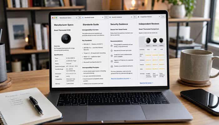 Tech TheHomeTrotters.com research image showing a laptop comparing manufacturer specifications, smart-home standards, security guidance, and independent reviews.