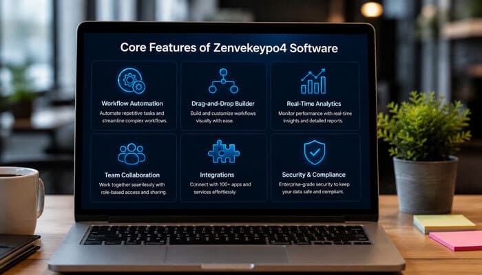 Zenvekeypo4 software core features displayed on a laptop, including workflow automation, analytics, integrations, collaboration, and security.