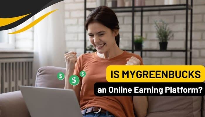 Mygreenbucks net jones - tycoonstory | tycoonstory media Mygreenbucks net jones online earning concept showing a woman using a laptop with digital money icons and a question about the platform.