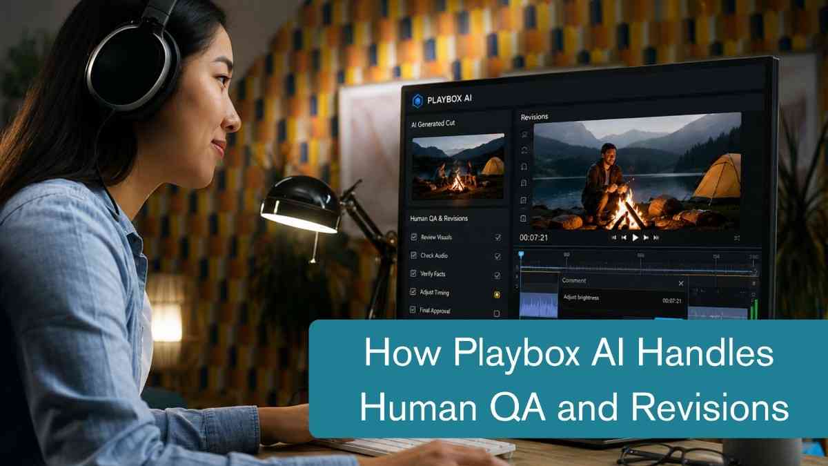 Playbox ai - tycoonstory | tycoonstory media Playbox ai interface showing a video editor reviewing ai-generated content with human qa, fact-checking, audio checks, and revisions.