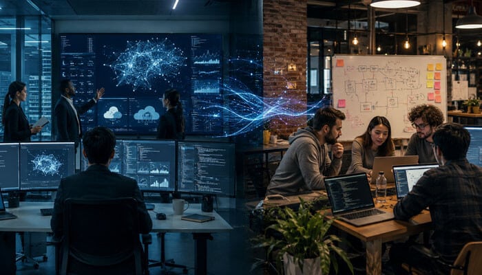 Real-world ai competition big tech vs startups - tycoonstory | tycoonstory media Digital marketing android app seo website development teams working with ai analytics, coding dashboards, laptops, and collaborative technology planning.