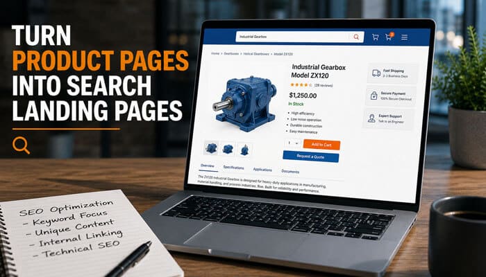 Turn product pages into search landing pages - tycoonstory | tycoonstory media Seo for manufacturing companies featured image showing an industrial factory, seo analytics dashboard, manufacturing equipment, and performance metrics illustrating strategies for generating qualified rfqs from organic search.