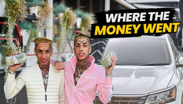 Island Boys Net Worth article graphic showing two tattooed viral twin performers holding cash beside a luxury SUV, representing spending on cars, jewelry, and an expensive lifestyle.