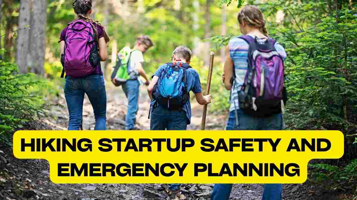 Hiking Startup showing a group of hikers walking through a forest trail with backpacks, highlighting safety planning, emergency preparation, and outdoor adventure business operations.