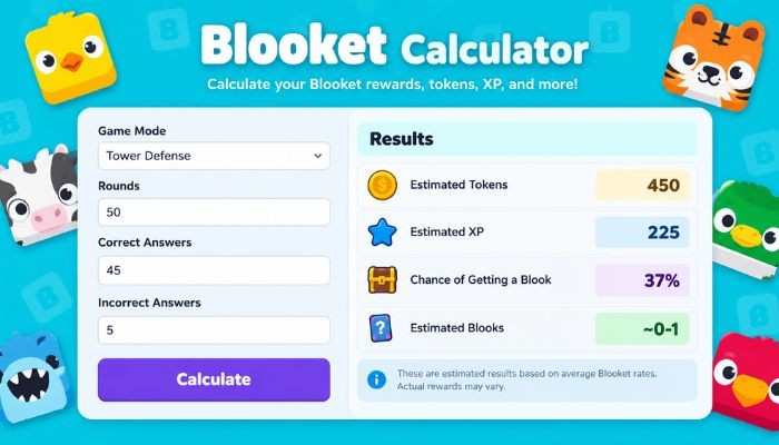 Blooket Sign In guide featuring a Blooket calculator that estimates tokens, XP, Blooks, and reward chances based on game mode, rounds, and answers.