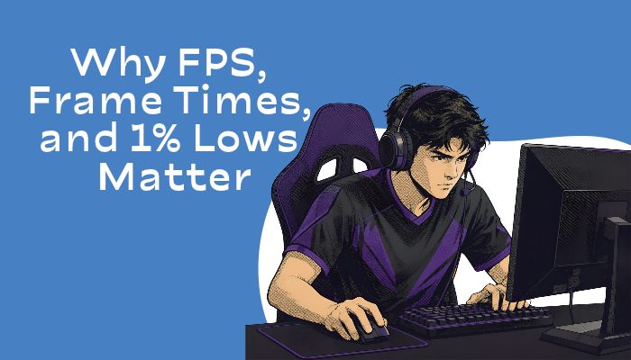 Bottleneck calculator illustration of a headset-wearing gamer beside text about why FPS, frame times, and 1% lows matter.