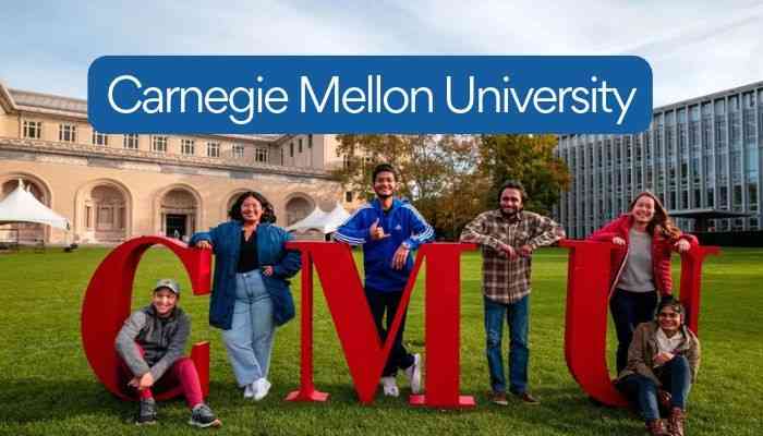 Carnegie Mellon University students posing around large red CMU letters on campus, showcasing student life, diversity, and academic community.