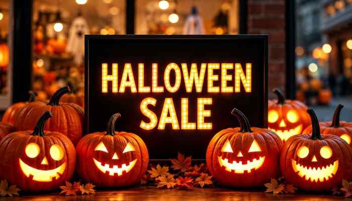 Spirit Halloween sale display featuring glowing jack-o'-lanterns, a Halloween Sale sign, and festive pumpkins promoting seasonal shopping deals.