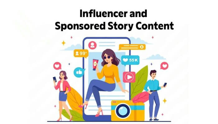 Download Video Story IG illustration featuring influencers, sponsored Instagram Stories, engagement icons, and social media marketing content.