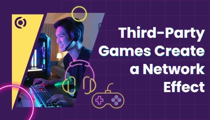 EuroGamersOnline Console graphic showing a gamer at a PC with gaming accessories, illustrating how third-party games create a stronger network effect.