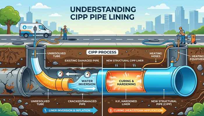 Cross-section diagram of cipp pipe lining in a road, showing a damaged sewer pipe, liner insertion, curing chamber, and restored pipeline