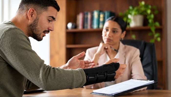 | tycoonstory media Man with a forearm cast discusses treatment with a female clinician in a clinic setting
