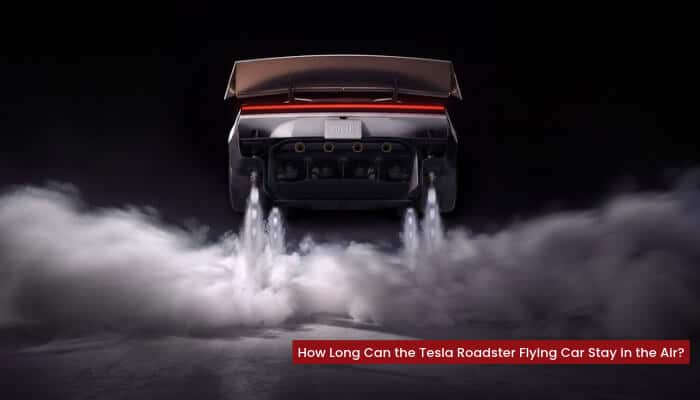 Tesla Roadster Flying Car rear view showing downward rocket thrusters releasing white smoke during a simulated hovering scene.