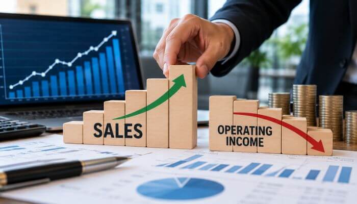 How rising sales can reduce operating income 1 | tycoonstory media Rising sales and declining operating income illustrated with wooden blocks, financial charts, and a business professional analyzing profitability.