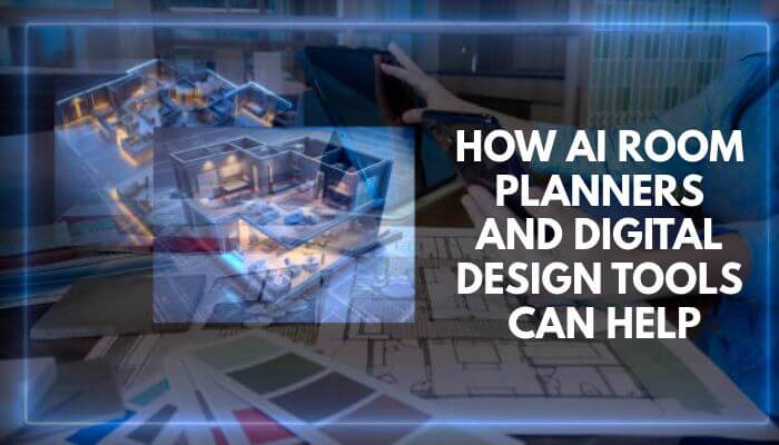 Interior Designmode24 graphic showing 3D room models over floor plans, illustrating AI room planners and digital design tools.