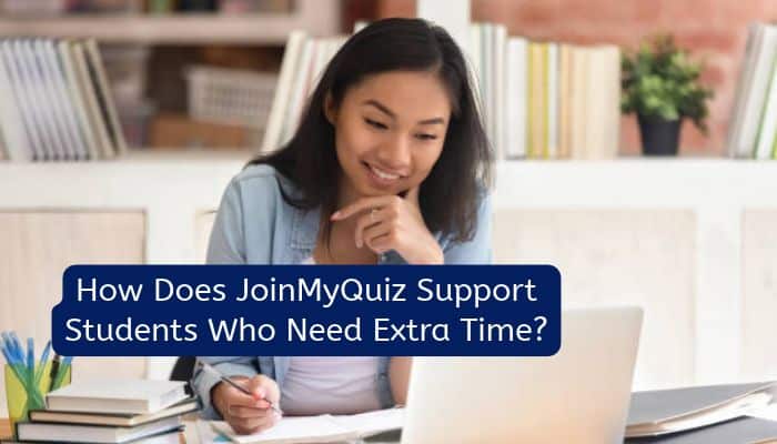 Student studying with a laptop and notebook, illustrating how JoinMyQuiz supports learners who need extra time to complete online quizzes.