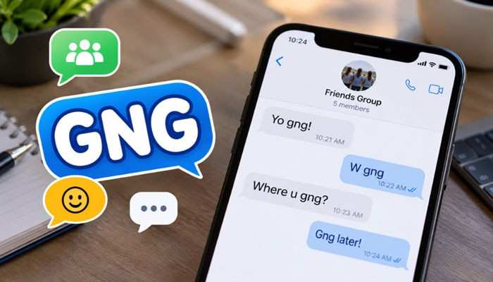 What does gng mean in a group chat? Smartphone showing messages such as "yo gng," "w gng," and "where u gng," highlighting the meanings gang and going.