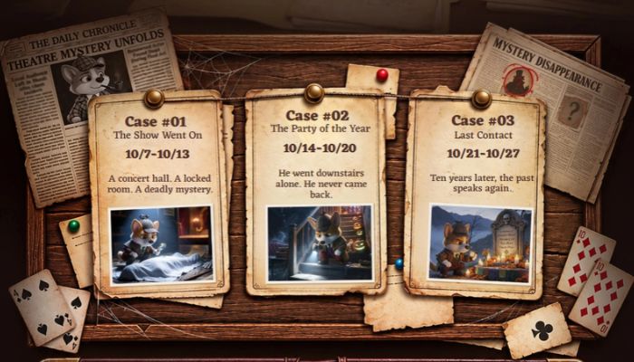 Three online mystery case files to solve | tycoonstory media Wooden corkboard with three case notes labeled case #01–#03, each showing a teaser and photos, surrounded by old newspapers and playing cards—mystery setup.