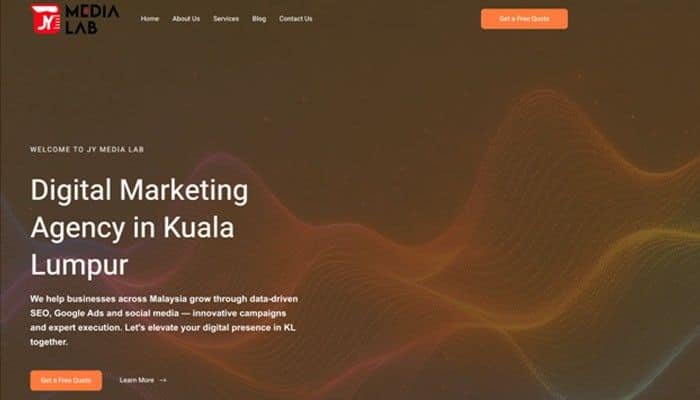The fixes that move the needle first | tycoonstory media Hero banner for a kuala lumpur digital marketing agency; headline'Digital Marketing Agency in Kuala Lumpur' with a dark orange gradient wave background and a top navigation bar.
